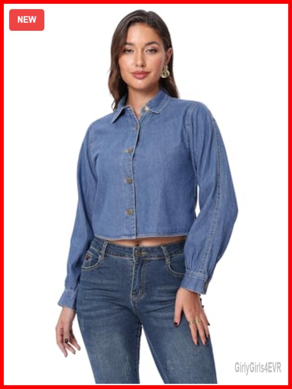 Cropped Cotton Denim Button-Down Shirt Long Sleeve Casual Top